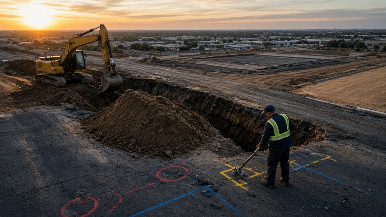 Utility locating crew marking buried lines on a commercial construction site at dusk