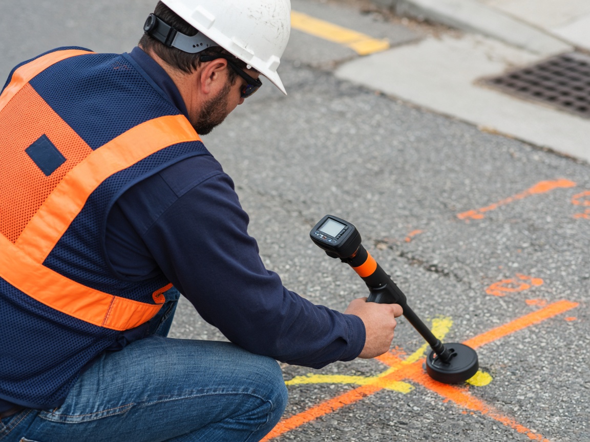 Technician locating private utilities with an electromagnetic wand on a city street